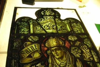 Stained glass restoration work on the bench. For Robert Mills Ltd, Bristol, 2016